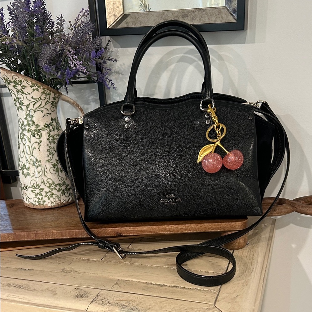 Coach Black Pebbled Leather Satchel with Cherry Charm Accent